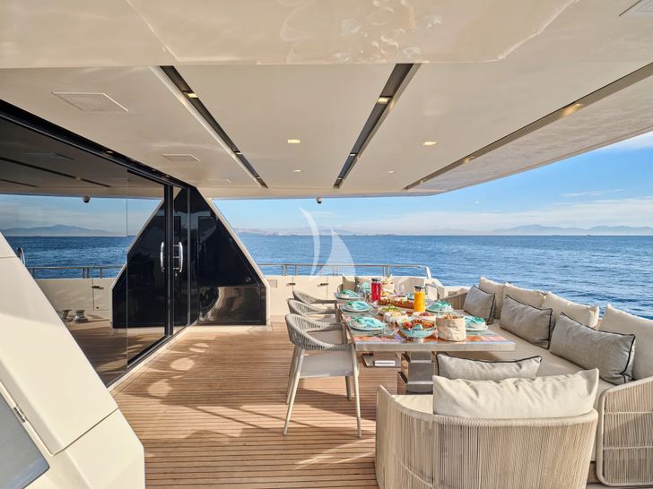 GOLDEN YACHT Sanlorenzo SL106 - aft deck dining and lounging area GOLDEN YACHT Sanlorenzo SL106 - aft deck dining and lounging area
