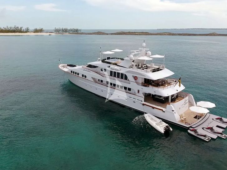 GRAND ILLUSION Palmer Johnson 137 - anchored aft shot GRAND ILLUSION Palmer Johnson 137 - anchored aft shot