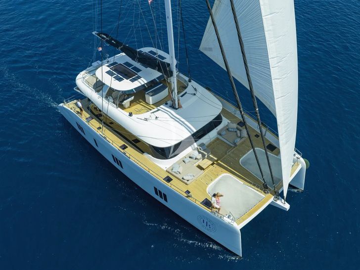 HONEYBIRD Sunreef 80 - aerial shot cruising HONEYBIRD Sunreef 80 - aerial shot cruising