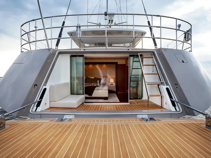 IL MIO CANTO LIBERO Nautor's Swan 105 - view into master cabin from the aft swim platform IL MIO CANTO LIBERO Nautor's Swan 105 - view into master cabin from the aft swim platform