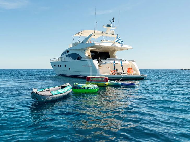 IRENE Ferretti Custom 69ft anchored with water toys