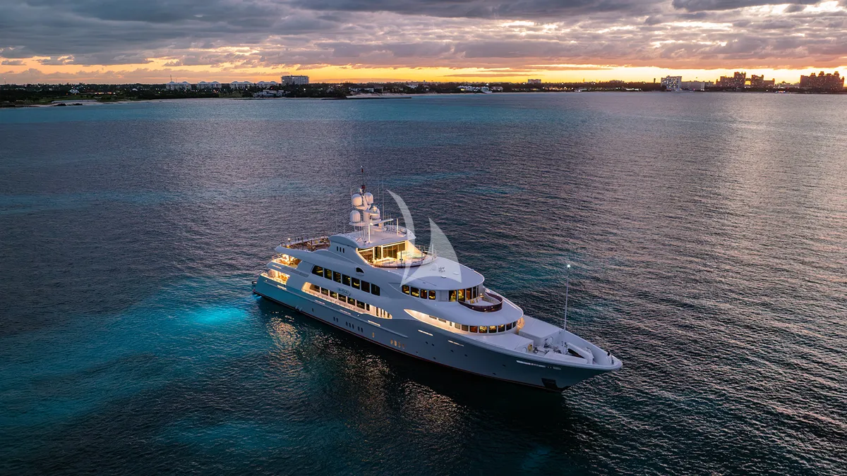 IRON BLONDE Trinity Yacht 60m - aerial shot at night