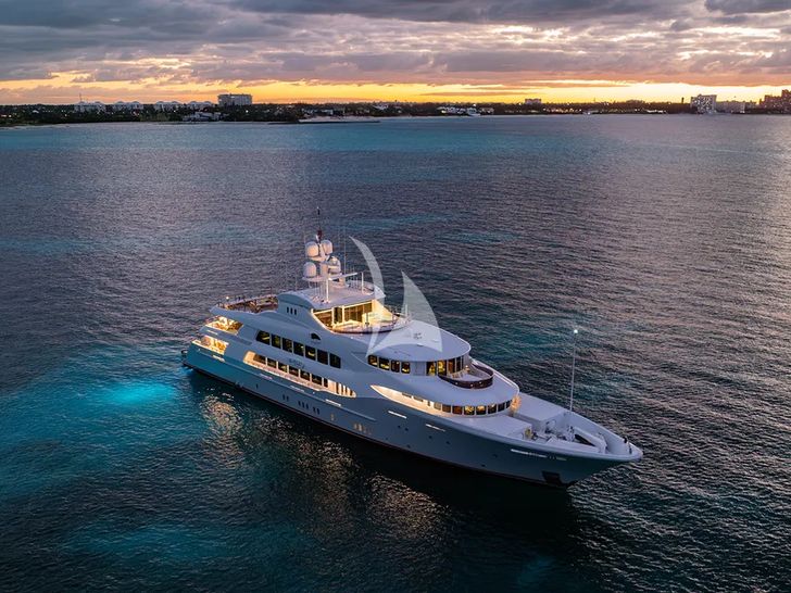 IRON BLONDE Trinity Yacht 60m - aerial shot at night IRON BLONDE Trinity Yacht 60m - aerial shot at night