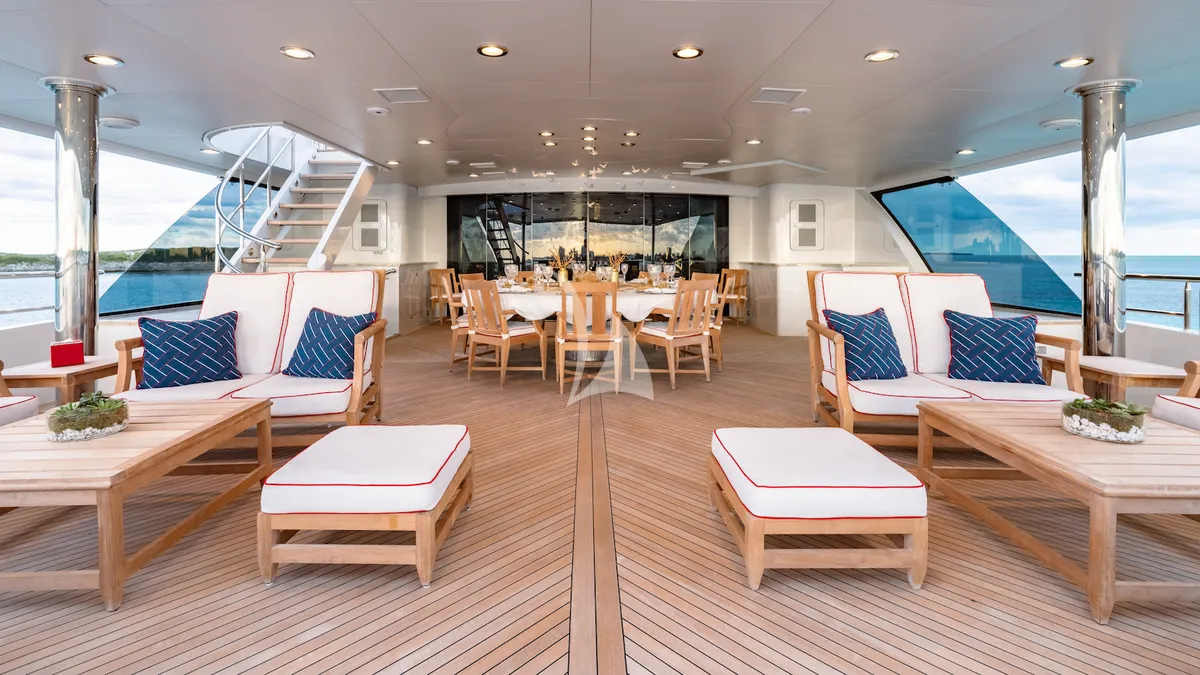 IRON BLONDE Trinity Yacht 60m - aft deck sky lounge dining area
