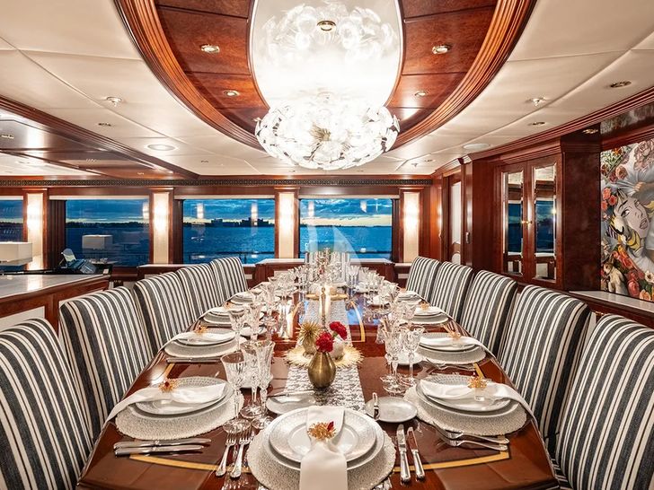 IRON BLONDE Trinity Yacht 60m - main dining area IRON BLONDE Trinity Yacht 60m - main dining area