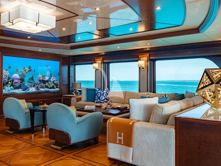 IRON BLONDE Trinity Yacht 60m - skylounge salon with a large LED TV IRON BLONDE Trinity Yacht 60m - skylounge salon with a large LED TV