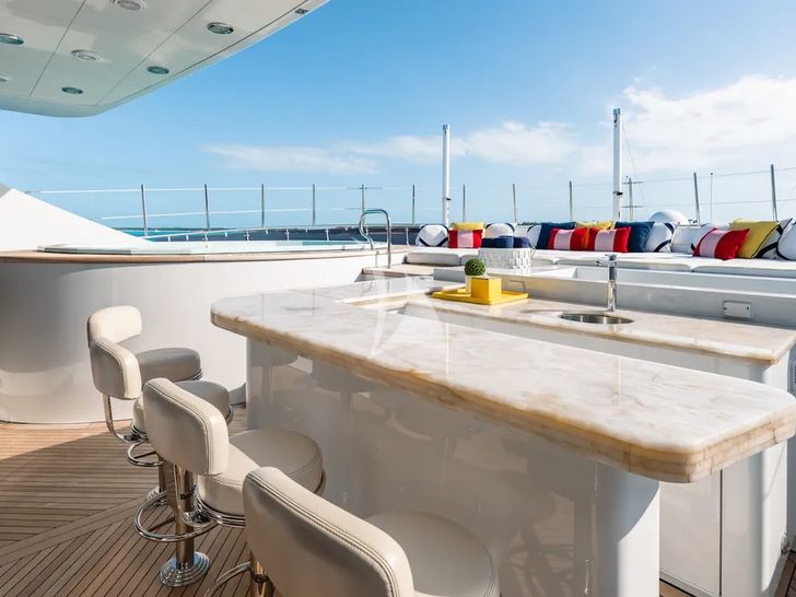 IRON BLONDE Trinity Yacht 60m - sundeck bar and sunbed IRON BLONDE Trinity Yacht 60m - sundeck bar and sunbed