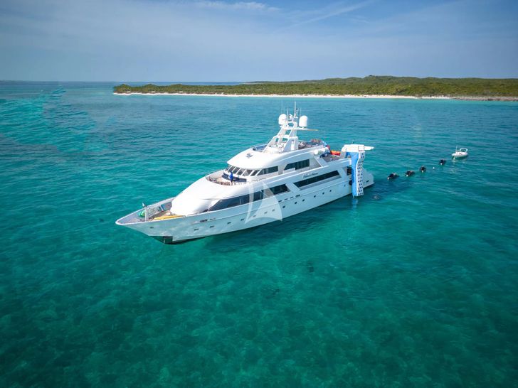 ISLAND HEIRESS Cheoy Lee 145 - anchored aerial shot ISLAND HEIRESS Cheoy Lee 145 - anchored aerial shot