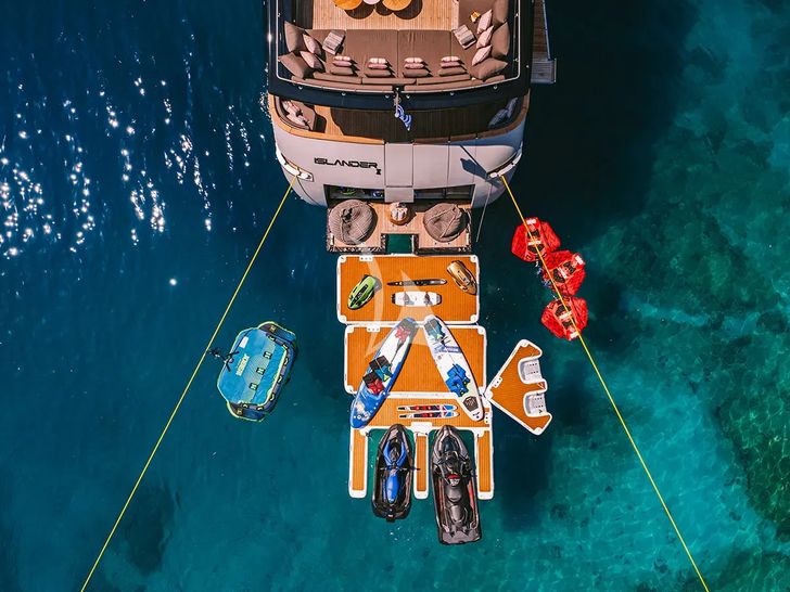 ISLANDER II Baglietto 34 - aerial aft shot with the water toys ISLANDER II Baglietto 34 - aerial aft shot with the water toys