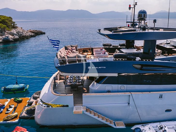 ISLANDER II Baglietto 34 - aft shot with the water toys ISLANDER II Baglietto 34 - aft shot with the water toys