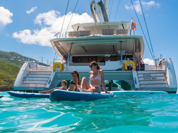 JEWEL Fountaine Pajot Alegria 67 - aft shot with water toys JEWEL Fountaine Pajot Alegria 67 - aft shot with water toys