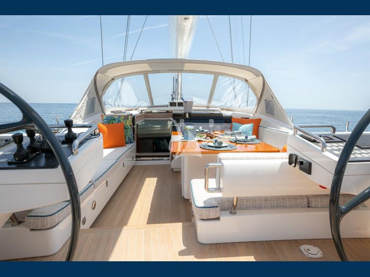 KARIBU Oyster 885 upper deck lounging and dining area