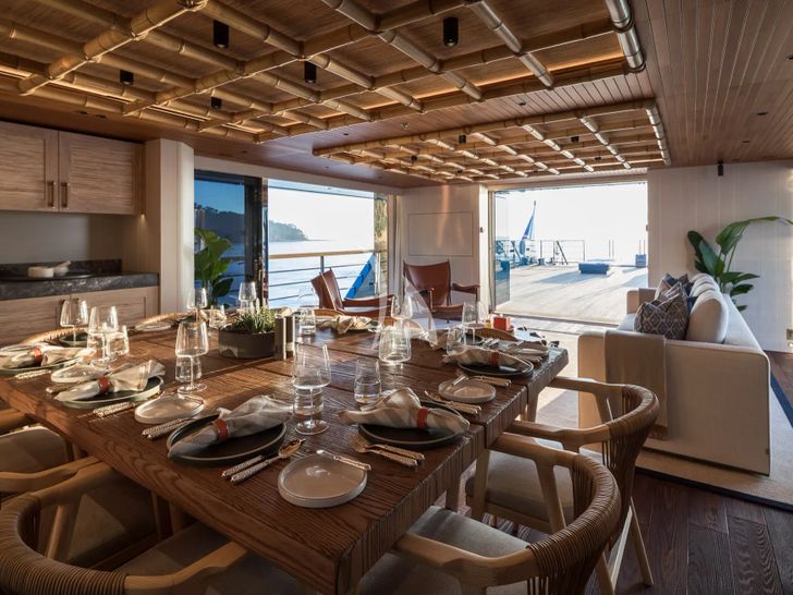 KING BENJI Dunya Custom Yacht 47m - main dining set up KING BENJI Dunya Custom Yacht 47m - main dining set up