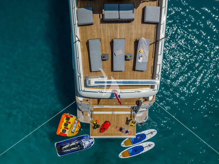 KLOBUK Ferretti Custom Line Navetta 30 - aerial shot aft with water toys KLOBUK Ferretti Custom Line Navetta 30 - aerial shot aft with water toys