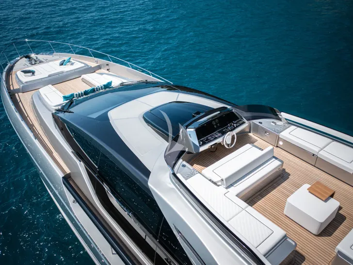 LADY DB Riva 88 Folgore - aerial foredeck shot LADY DB Riva 88 Folgore - aerial foredeck shot