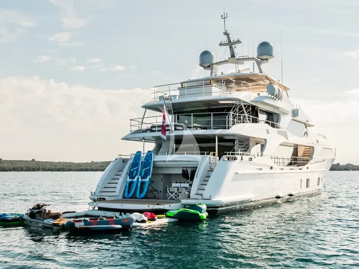 LADY MRD Benetti Crystal 140 - anchored aft shot with the water toys LADY MRD Benetti Crystal 140 - anchored aft shot with the water toys
