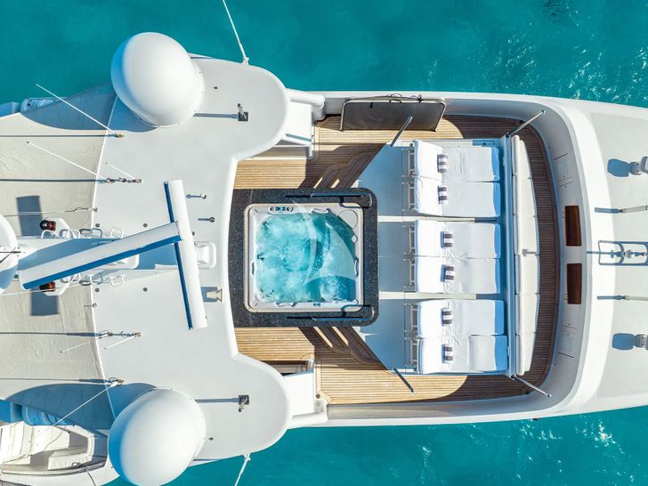 LEVERAGE Palmer Johnson 125 - flybridge aerial shot with jacuzzi LEVERAGE Palmer Johnson 125 - flybridge aerial shot with jacuzzi