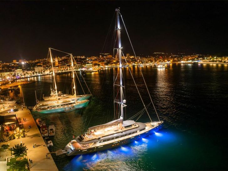 LIFE IS GOOD Ximar Sailing Yacht 45m - aerial shot at night LIFE IS GOOD Ximar Sailing Yacht 45m - aerial shot at night