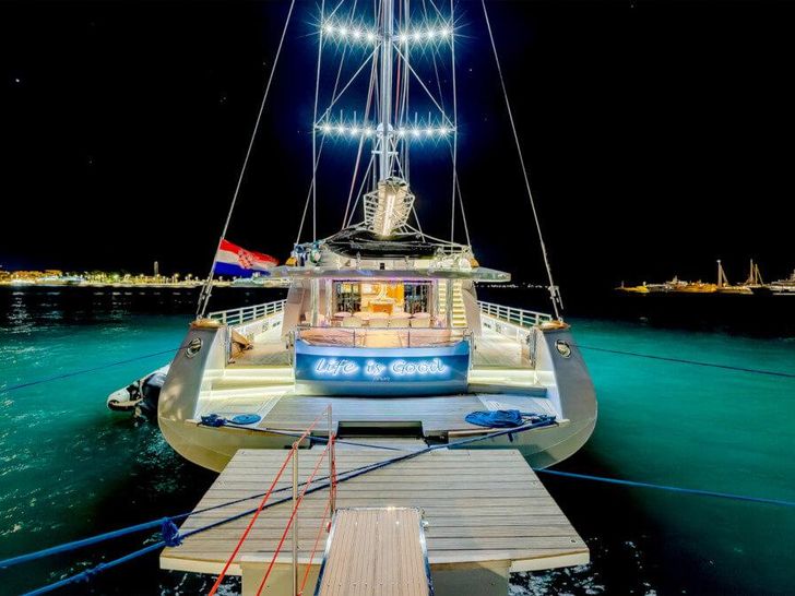 LIFE IS GOOD Ximar Sailing Yacht 45m - aft view at night LIFE IS GOOD Ximar Sailing Yacht 45m - aft view at night