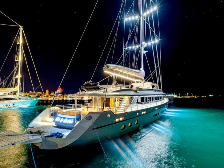 LIFE IS GOOD Ximar Sailing Yacht 45m - docked at night LIFE IS GOOD Ximar Sailing Yacht 45m - docked at night