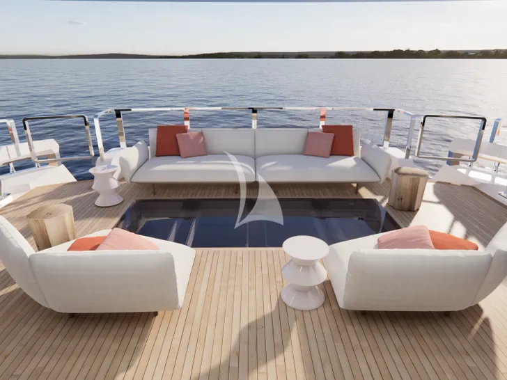 LULUS Mangusta Oceano 44 - main aft deck with a glass floor or beach club sunroof LULUS Mangusta Oceano 44 - main aft deck with a glass floor or beach club sunroof
