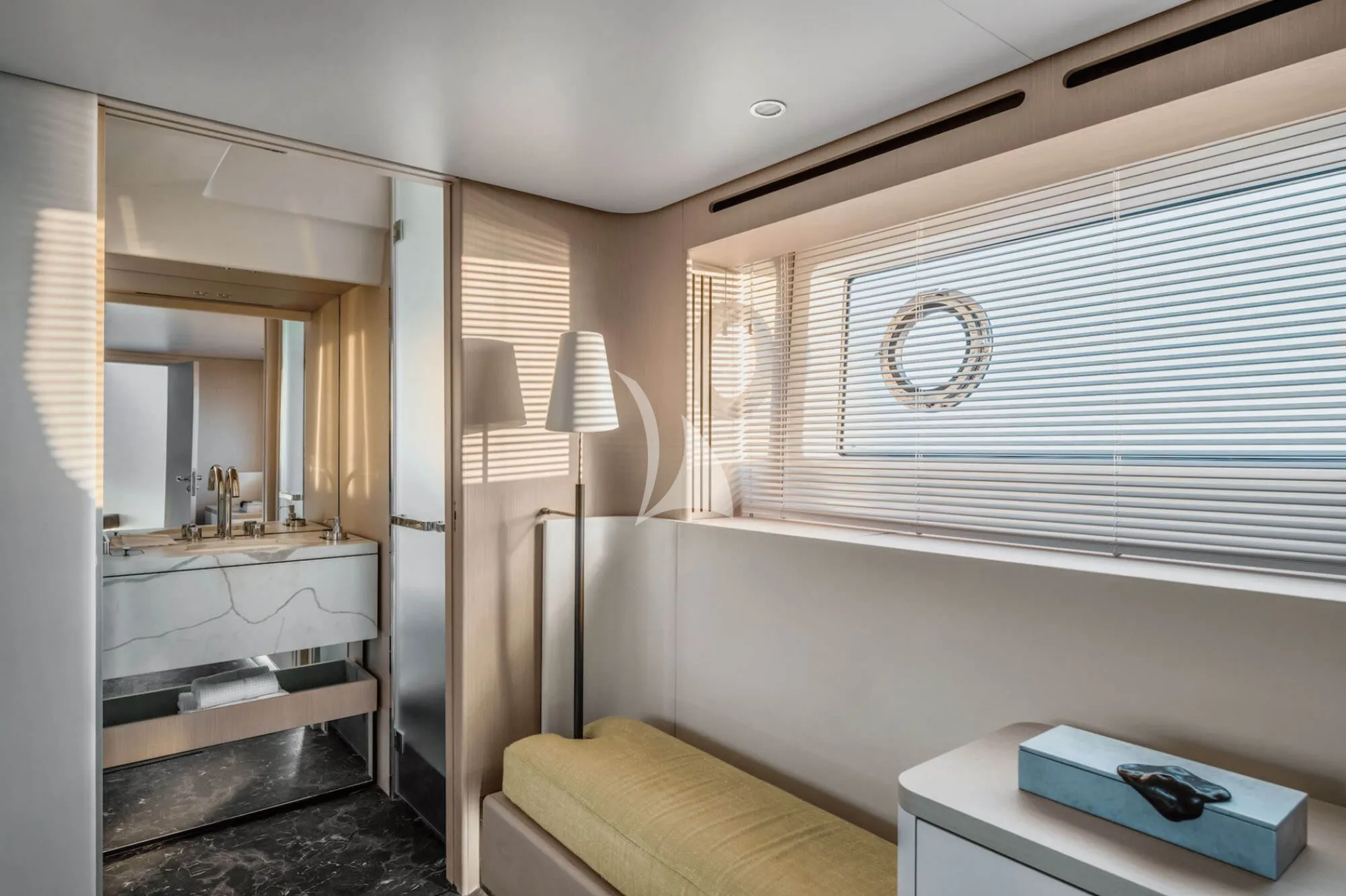 LUX Azimut Fly 68 - master cabin lounge and bathroom