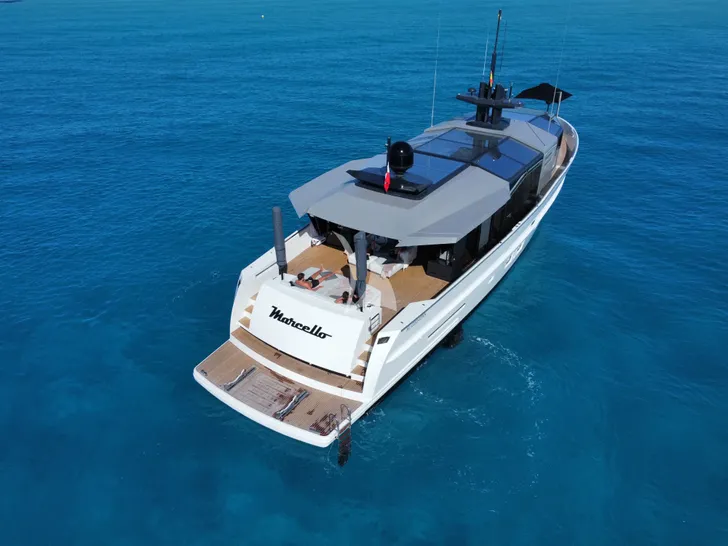 MARCELLO Arcadia 85 - anchored aft aerial shot MARCELLO Arcadia 85 - anchored aft aerial shot