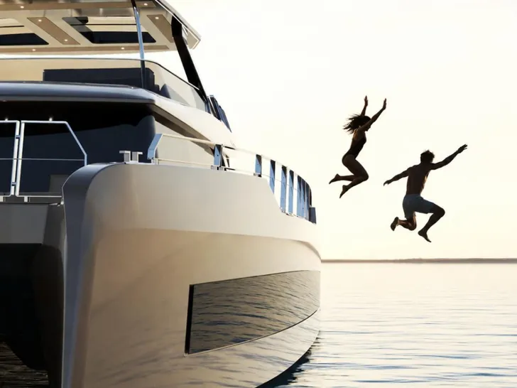 MELTEMI Moon Yacht 70 Power - guests jumping for a swim MELTEMI Moon Yacht 70 Power - guests jumping for a swim