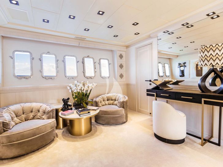 MRS GREY Mangusta 130 - master cabin seating area MRS GREY Mangusta 130 - master cabin seating area