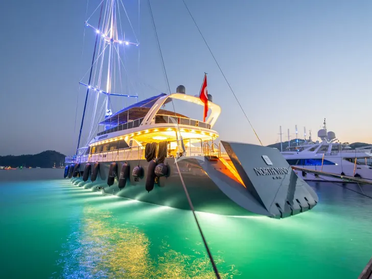 NORTH WIND Sokmen Kardesler 44m - stern at night NORTH WIND Sokmen Kardesler 44m - stern at night