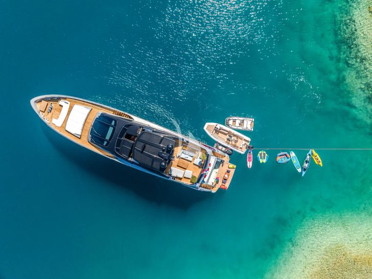 NO STRESS 888 Riva Corsaro 100 - top aerial shot with the water toys NO STRESS 888 Riva Corsaro 100 - top aerial shot with the water toys