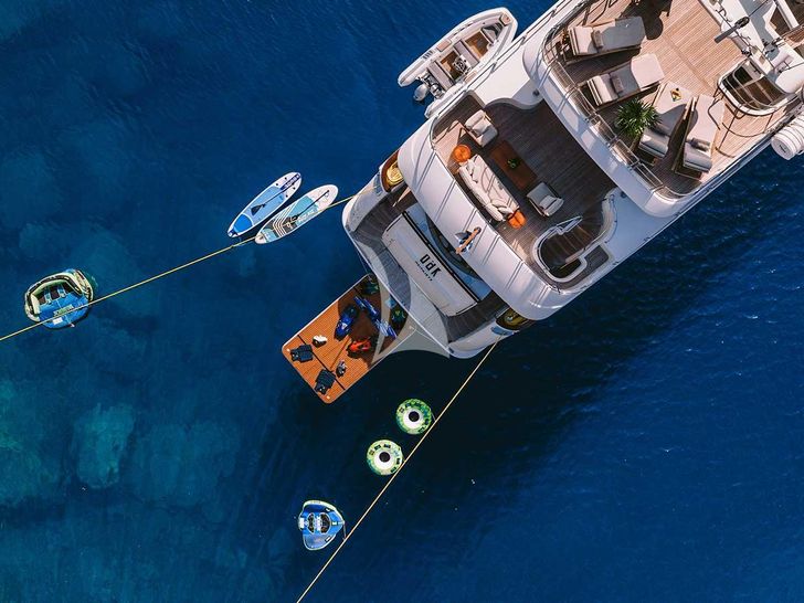 OAK Benetti Classic 115 - top aerial aft shot with water toys OAK Benetti Classic 115 - top aerial aft shot with water toys