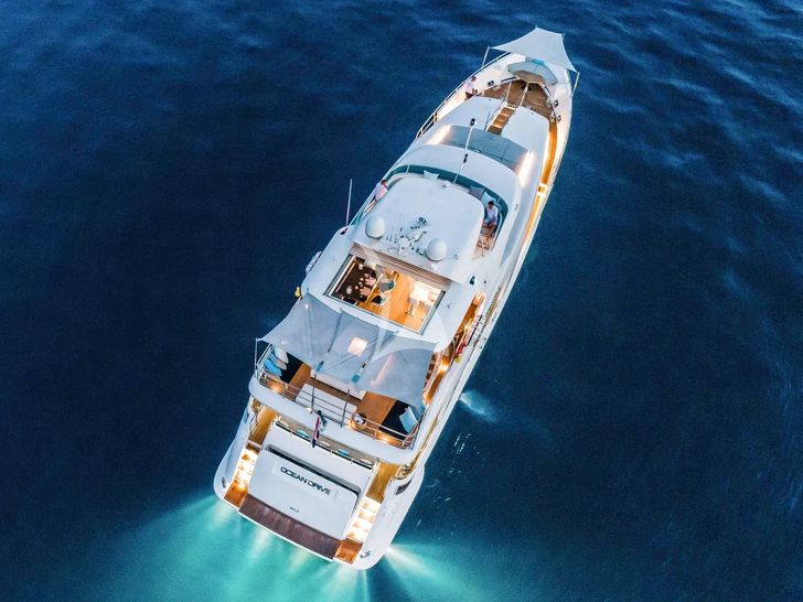OCEAN DRIVE Benetti Delfino 92 - aerial top shot at night OCEAN DRIVE Benetti Delfino 92 - aerial top shot at night