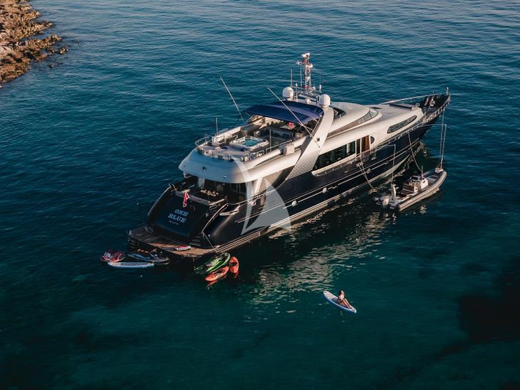 ONE BLUE Frank Mulder Oceanline 38m anchored with water toys ONE BLUE Frank Mulder Oceanline 38m anchored with water toys