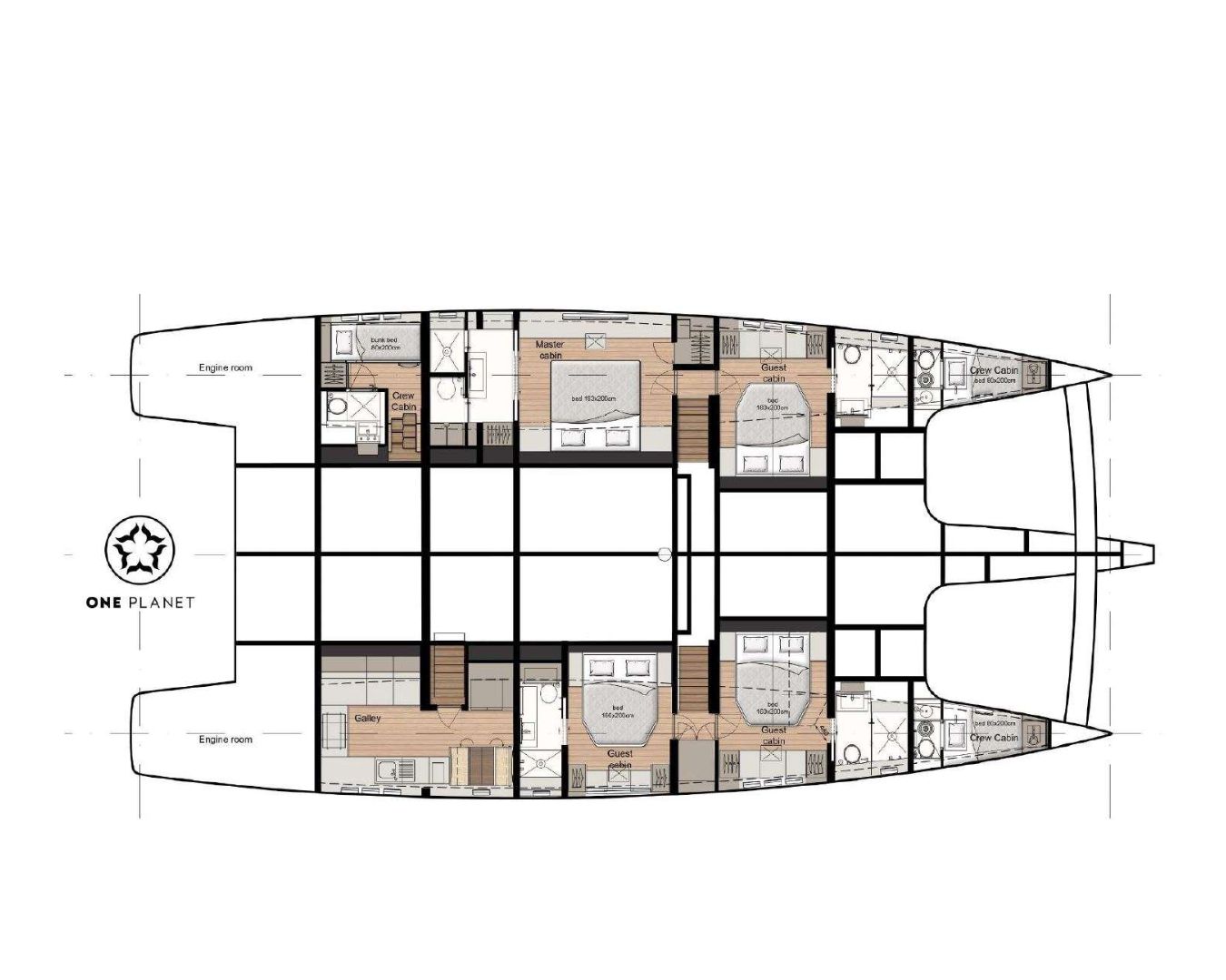Layout for ONE PLANET Sunreef 70 Eco - cabin layout