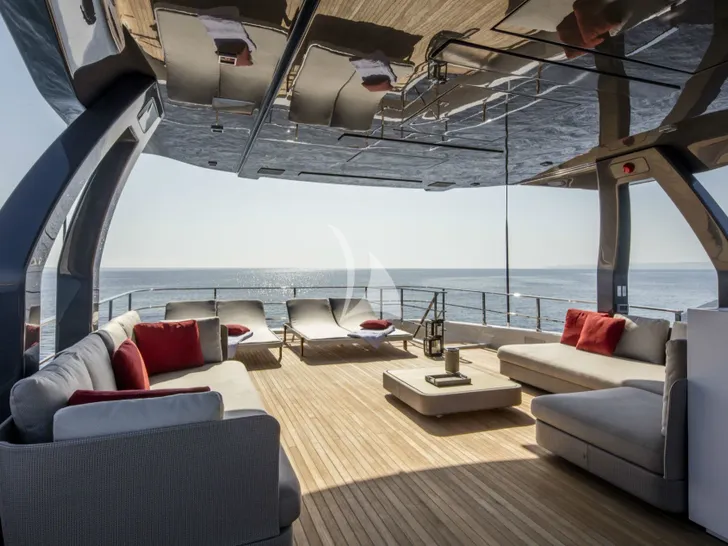PLAN B Ferretti Custom Line Navetta 33 - sundeck covered lounge and sunbathing area PLAN B Ferretti Custom Line Navetta 33 - sundeck covered lounge and sunbathing area