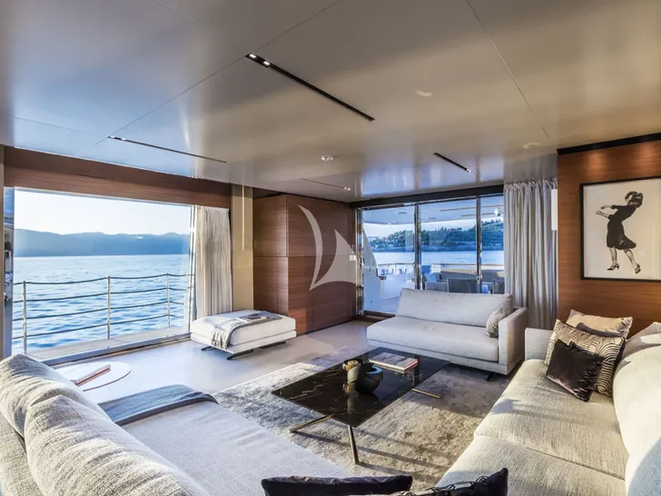 PLAN B Ferretti Custom Line Navetta 33 - main salon lounge and balcony PLAN B Ferretti Custom Line Navetta 33 - main salon lounge and balcony