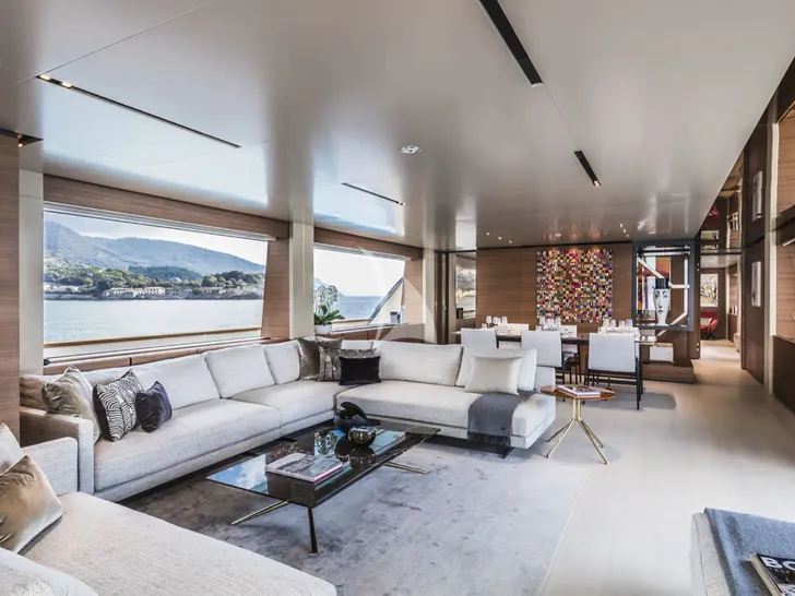 PLAN B Ferretti Custom Line Navetta 33 - main salon lounge and dining area PLAN B Ferretti Custom Line Navetta 33 - main salon lounge and dining area