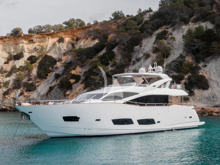 PLAY THE GAME Sunseeker 28m - anchored near an island PLAY THE GAME Sunseeker 28m - anchored near an island