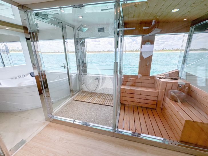 PRIVILEGE WHS Custom 34m master cabin bathroom wide shot PRIVILEGE WHS Custom 34m master cabin bathroom wide shot