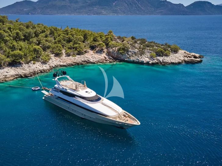 PROMETHEUS I Heesen 45m anchored near an island PROMETHEUS I Heesen 45m anchored near an island