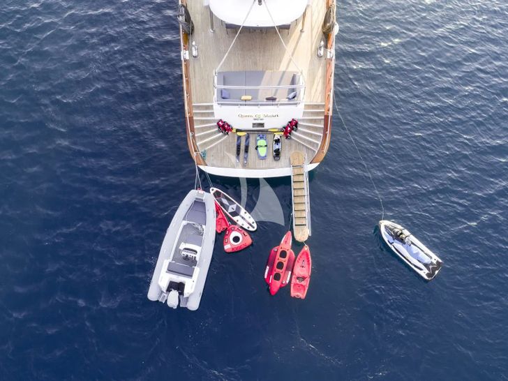 QUEEN OF MAKRI Custom Sailing Yacht 40m - top aft shot with the water toys QUEEN OF MAKRI Custom Sailing Yacht 40m - top aft shot with the water toys