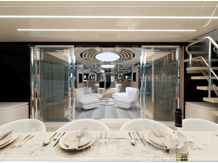 RENATA Cerri Cantieri Navali 40m - main aft alfresco dining set up RENATA Cerri Cantieri Navali 40m - main aft alfresco dining set up