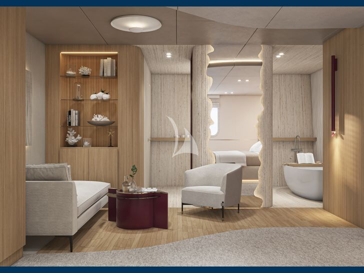 REPOSADO Tramontana Custom Yacht 52 m master cabin seating area