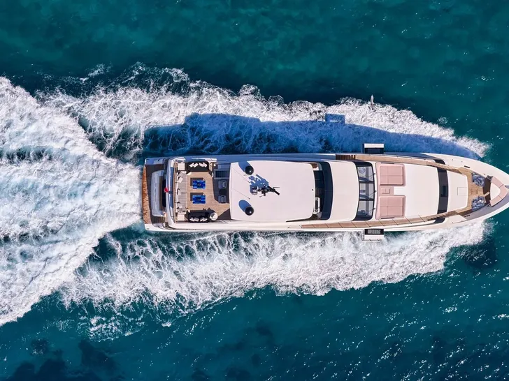 RIANA II Sanlorenzo SL118 - cruising top aerial shot RIANA II Sanlorenzo SL118 - cruising top aerial shot