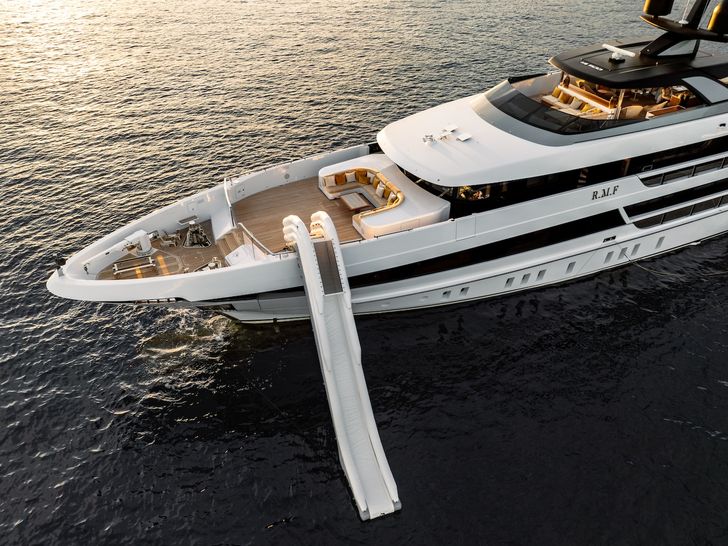 RMF Sanlorenzo 52Steel - foredeck overhead shot with the water slide RMF Sanlorenzo 52Steel - foredeck overhead shot with the water slide
