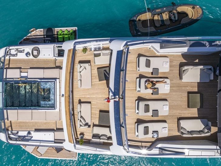 SEVEN SINS Sanlorenzo 52 Steel - top aft decks shot SEVEN SINS Sanlorenzo 52 Steel - top aft decks shot