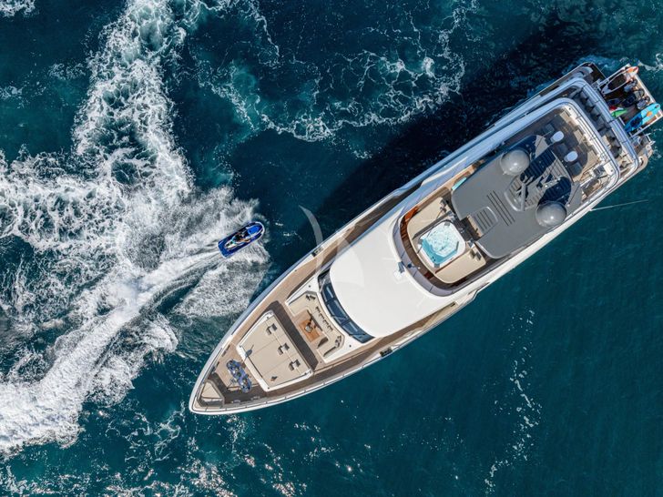 SOUTH Ferretti Custom Line Navetta 33 - top aerial shot anchored SOUTH Ferretti Custom Line Navetta 33 - top aerial shot anchored