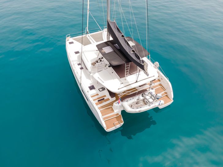 SUMMER MAGIC Lagoon 46F - aerial aft shot SUMMER MAGIC Lagoon 46F - aerial aft shot