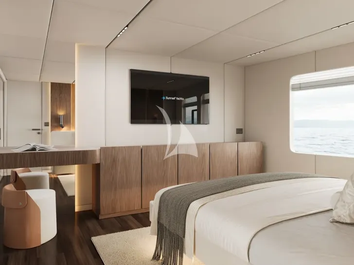 MIIA Sunreef Ultima 88 - master cabin bed and TV MIIA Sunreef Ultima 88 - master cabin bed and TV